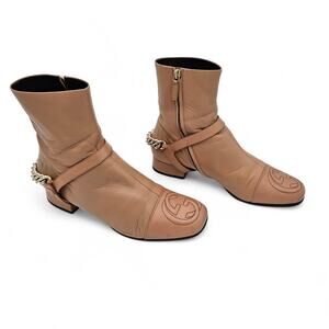 Gucci GG Ankle Boot Beige Tan Leather Chain Size 38 US 8